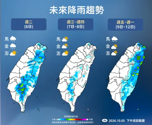 ▲東北季風報到，周二後水氣逐漸減少，降雨範圍縮減，但桃園以北與東半部仍有局部陣雨。（圖／中央氣象署cwa.gov.tw）
