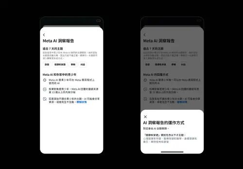 ▲Meta AI新增「洞察報告」，家長可查看青少年過去7天向Meta AI詢問過的主題，例如旅遊、健康與安適、車輛、科技等，但不會直接看到完整對話內容。（圖／Meta提供）