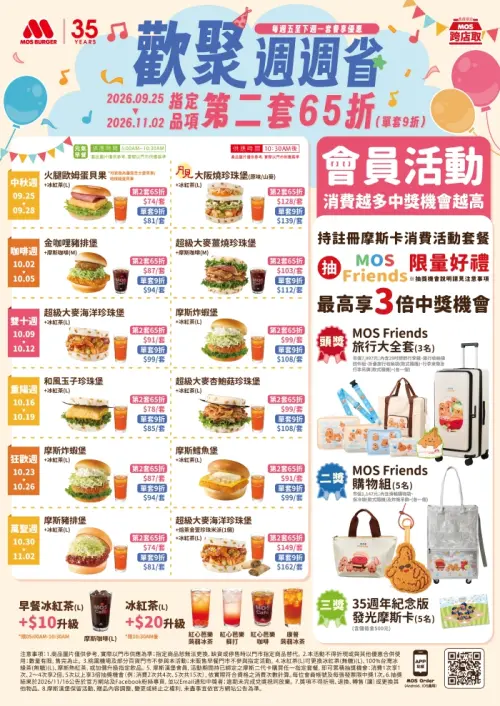 ▲摩斯漢堡套餐「單套9折、第二套65折」歡聚週週省優惠菜單。（圖／摩斯漢堡mos.com.tw）