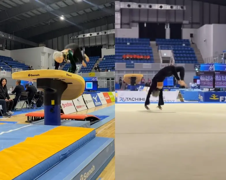 ▲日本體操選手檜山直美在73歲高齡仍能做出跳馬與後空翻動作，震驚全場。（圖／翻攝自airyjapan711／IG）