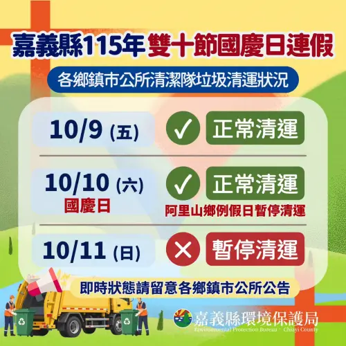 ▲嘉義縣國慶連假10/9與10/10全縣正常收運（阿里山除外），10/11週日例休停收。（圖／嘉義縣環保局提供）