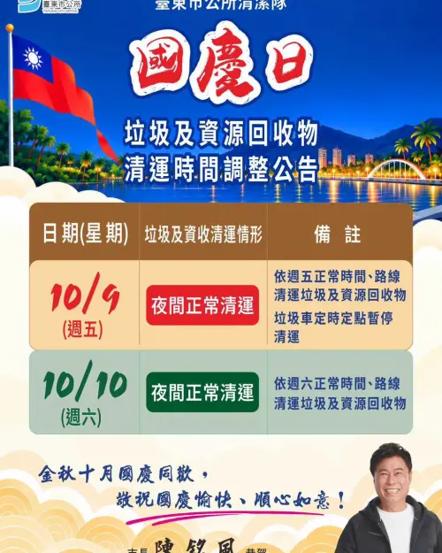 ▲台東市國慶連假夜間正常清運垃圾，定時定點服務則暫停，提醒市民留意。（圖／臺東市公所提供）