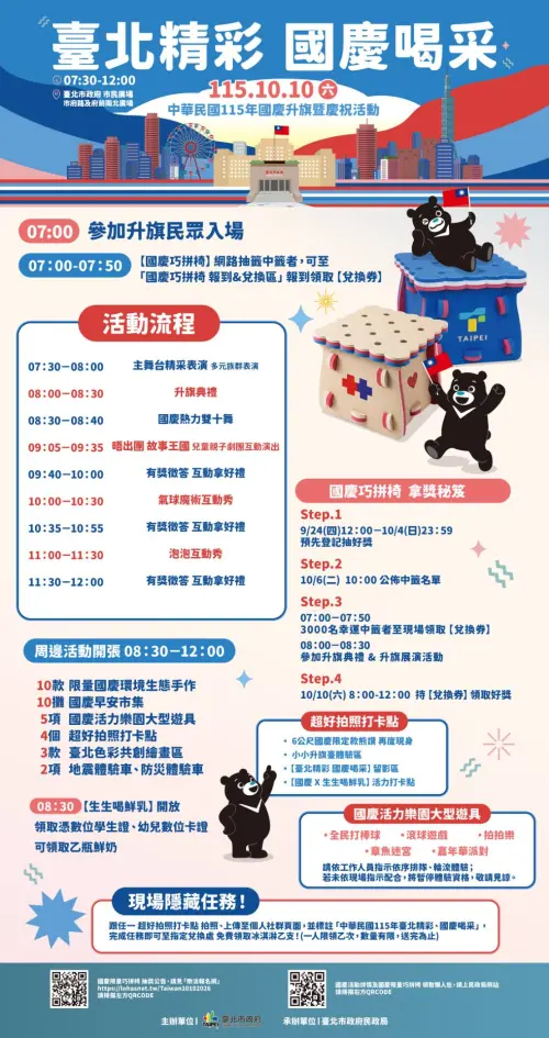 ▲台北市政府115年國慶升旗暨慶祝活動流程與限量紀念品領取懶人包海報。（圖／台北市政府提供）