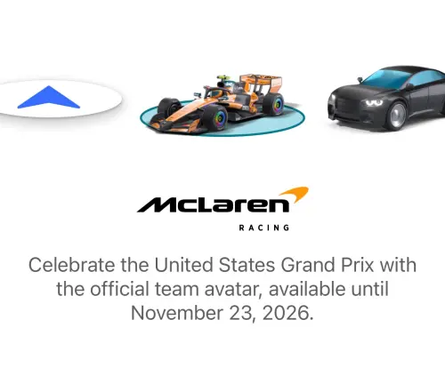 ▲Google Maps推出McLaren Racing限定F1導航車輛圖示，可把原本的藍色箭頭換成麥拉倫F1賽車，活動限時至2026年11月23日。（圖／翻攝自Google Maps）