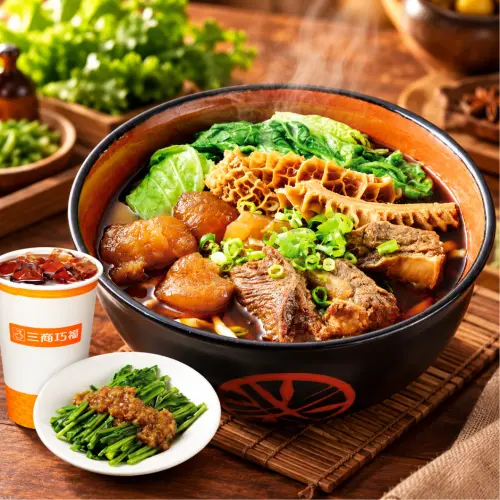 ▲三商巧福「套餐65折」優惠包含牛三寶牛肉麵、芝麻牛蒡絲及中杯飲料，原價290元，特惠價189元。（圖／三商餐飲提供）