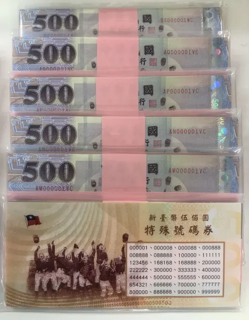 ▲中央銀行宣布，委請台灣銀行10月22日上午10時起至10月27日上午10時止，採網路投標方式，拍賣100、500及1000元特殊號碼流通鈔券，共150組、計6160張。（圖／央行提供）