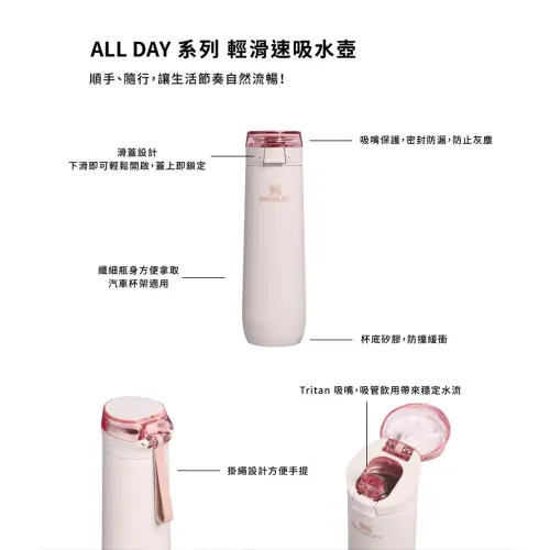 ▲Stanley 輕滑速吸水壺具備滑蓋防漏、纖細瓶身與便利提繩等多功能設計。（圖／翻攝 Stanley 官網）