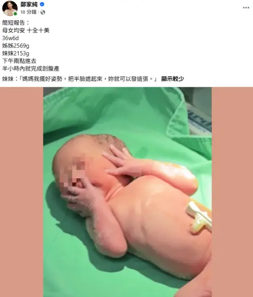 ▲鄭家純雙十節捎來好消息，宣布順利產下一對雙胞胎女兒。（圖／鄭家純臉書）