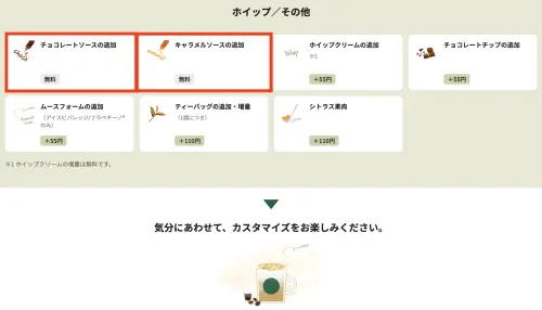 ▲日本星巴克可以免費加巧克力醬或焦糖醬。（圖／翻攝自日本星巴克starbucks.co.jp）