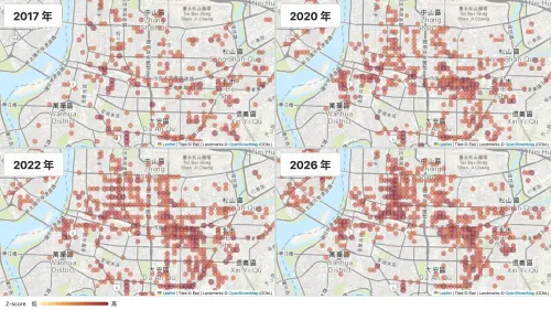 ▲WeMo公開2017年、2020年、2022年及2026年台北市還車熱點分布，顯示騎乘足跡逐年擴散，從早期集中於東區，逐漸延伸至中山、西門等商圈。（圖／WeMo提供）