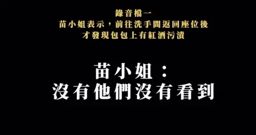 ▲苗安妮原本稱自己去廁所回來後包款上就有紅酒滴，但本人跟三位友人都沒看到是服務生把紅酒滴在包包上，富錦樹調閱包廂外監視器，發現苗安妮去廁所期間，根本沒有服務人員進出包廂。（圖/富錦樹Threads）