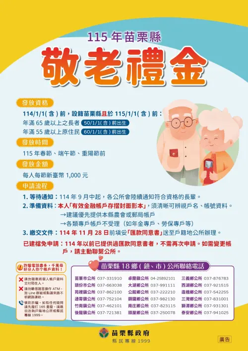▲苗栗縣重陽敬老禮金1000元，10月13日匯款入帳。（圖／苗栗縣政府www.miaoli.gov.tw）