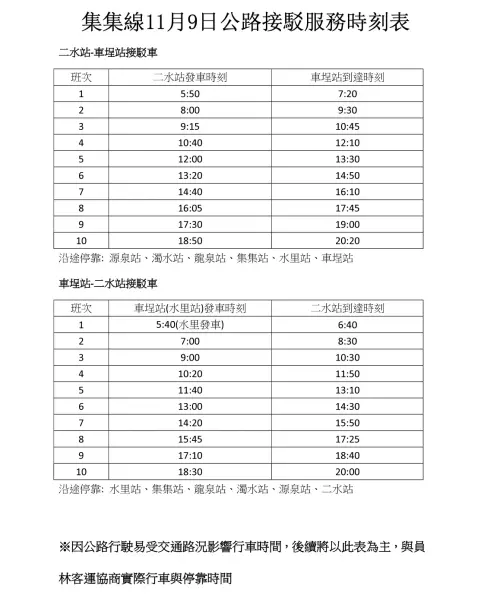 ▲集集線11月9日公路接駁服務時刻表。（圖／臺鐵公司提供）