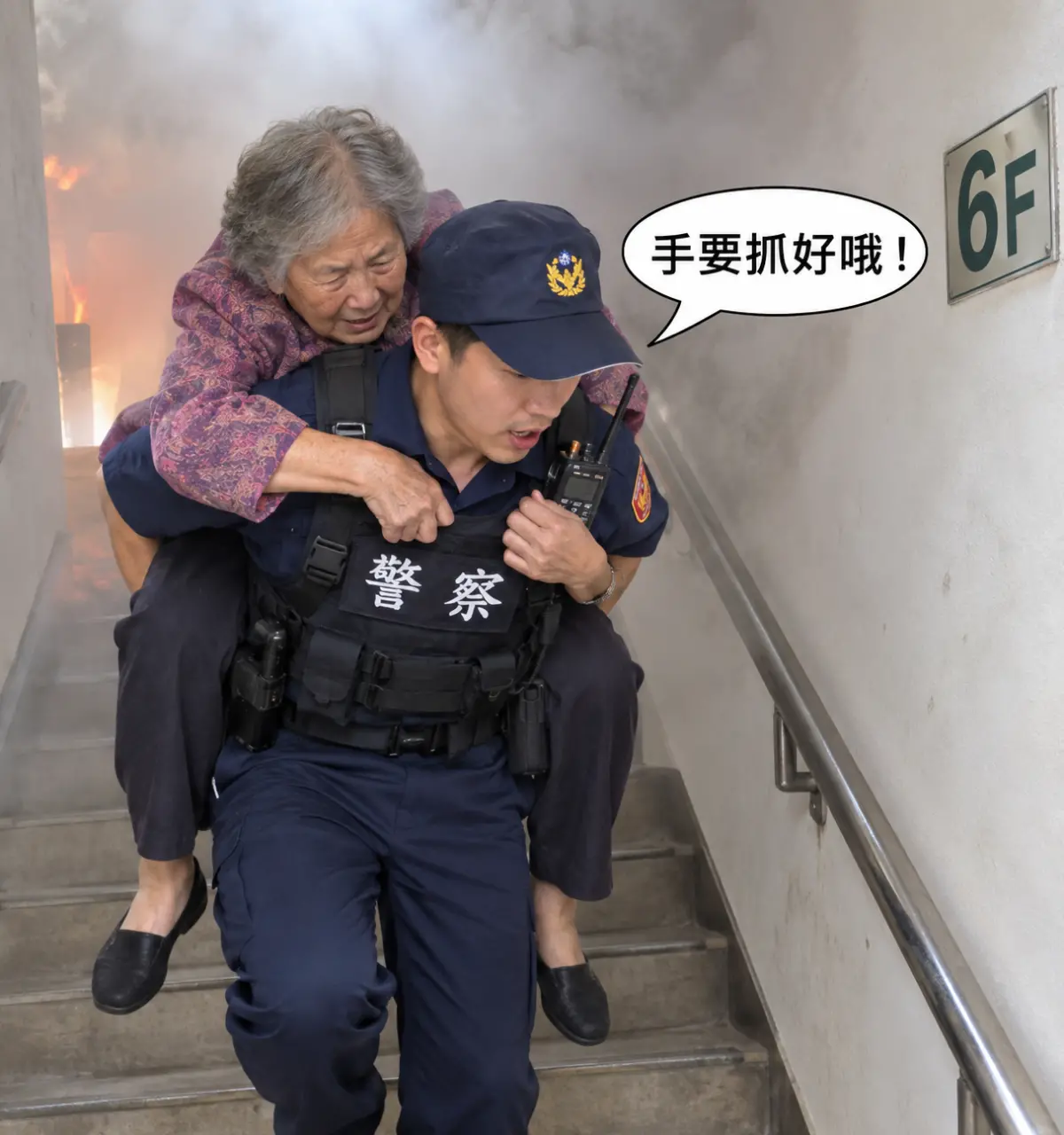 ▲員警獲悉6樓有一位行動不便的高齡女房客，因電力中斷無法使用電梯下樓，員警果斷衝上6樓揹起老婦，並叮嚀老婦手要抓好哦！一歩歩走下飯店大廳，化解危機。（示意圖/記者鄧力軍AI生成）