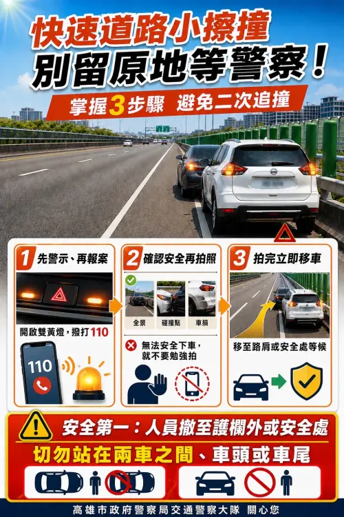 ▲ 快速道路發生輕微事故時，務必牢記 「先警示、快拍照、速移車；車損可以處理，安全不能重來。」保命口訣。（圖／高市警交大提供）