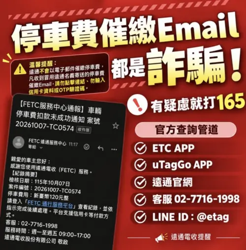 ▲遠通電收緊急示警，官方不會透過電子郵件催繳停車費，收到冒用遠通名義的催繳信都是詐騙，提醒民眾切勿點擊不明連結、提供信用卡資料及OTP驗證碼。（圖／翻攝遠通電收）
