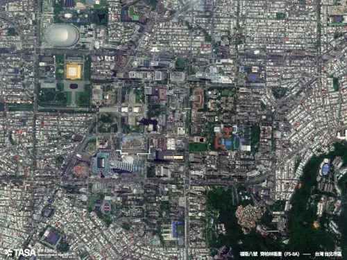 ▲福衛八號拍攝台北市區的影像，能清楚看到地標台北101、台北大巨蛋。（圖／國家太空中心 TASA）