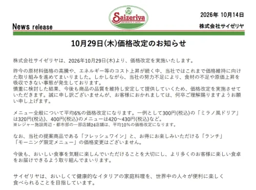 ▲日本薩莉亞提到，整體菜單的價格將平均調漲6%，招牌米蘭風焗烤飯300日圓將調漲到320日圓；400日圓的品項則調整為420至430日圓不等，向顧客道歉。（圖/日本薩莉亞官網）
