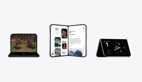 ▲iPhone Duo可依使用情境切換不同型態，包括筆電模式、分割畫面及帳篷模式，讓手機也能兼顧工作與娛樂需求。（圖／Apple提供