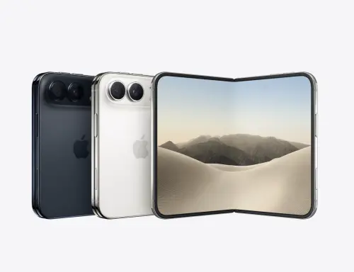 ▲iPhone Duo提供夜空色、星光白色兩款配色，闔起時是一般手機，展開後則擁有7.6吋大螢幕，成為新機最大賣點。（圖／Apple提供）