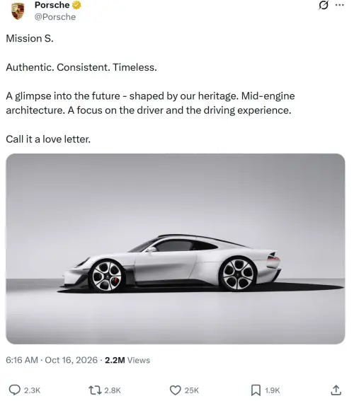 ▲保時捷（Porsche）Mission S概念車公布後，也在官方社群平台X貼出廣告介紹，沒想到在特斯拉全新大改款Roadster公開後，隨即引來網友留言灌爆。（圖／X@Porsche）