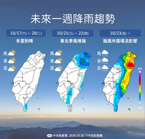 ▲受到薔琵颱風外圍環流影響，下周五（23日）北部、東半部迎風面會有比較明顯的雨勢。（圖／中央氣象署cwa.gov.tw）