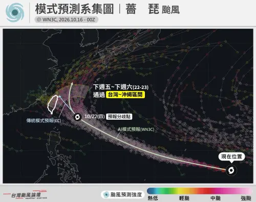 ▲台灣颱風論壇表示，預期薔琵颱風將在下周五、下周六（23、24日），鎖定「台灣～沖繩」（圖中黃框處）區間通過。（圖／台灣颱風論壇｜天氣特急）