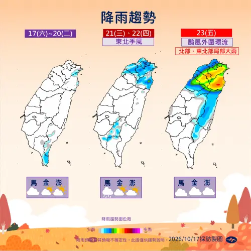 ▲受到颱風外圍環流影響，下周五（23日）北部、東半部有局部大雨發生機會。（圖／中央氣象署cwa.gov.tw）
