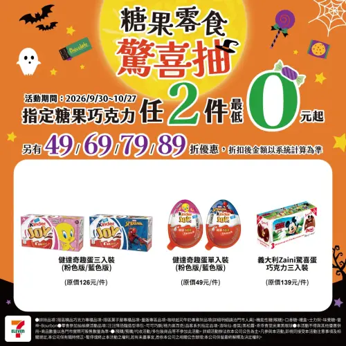 ▲指定糖果巧克力任選2件，挑戰抽49折、69折、79折、89折，最大獎0元結帳。（圖／7-11提供）