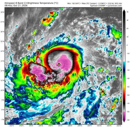 ▲今（17）日薔琵距離台灣仍約2400公里，過去一段時間如預期快速增強，目前已達中度颱風中至上限，近中心最大風速每秒45公尺，相當於14級風，暴風圈也擴大至180公里，預估最快12小時內就有機會增強為強烈颱風。（圖／向日葵9號衛星）