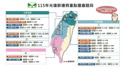 ▲光復節連假重點壅塞路段。（圖／交通部高公局提供）