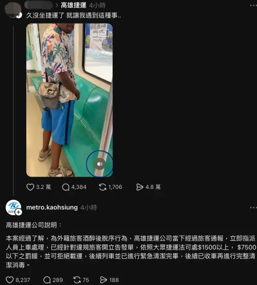 ▲外籍黑人遊客喝醉後在高雄捷運車廂尿尿，高雄捷運當下已派人處理，並已清潔好事發車廂。（圖／threads@metro.kaohsiung）