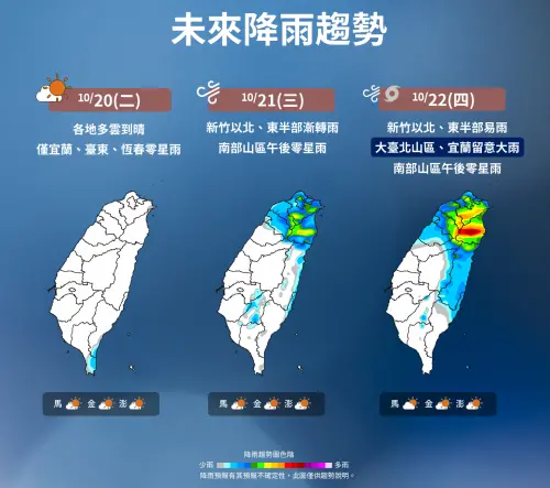▲今天各地多雲到晴，明天東北季風增強，新竹以北、東半部降雨機率增加。（圖／中央氣象署cwa.gov.tw）