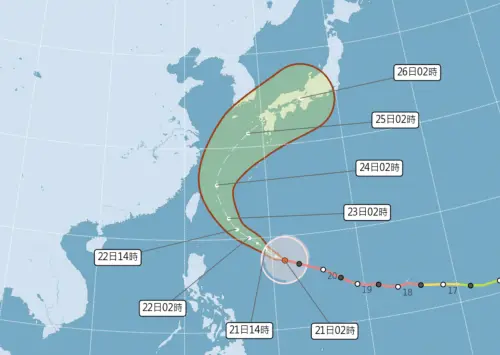 ▲薔琵颱風今天路徑持續朝西北，周五颱風中心會通過台灣東北部海面。（圖／中央氣象署cwa.gov.tw）