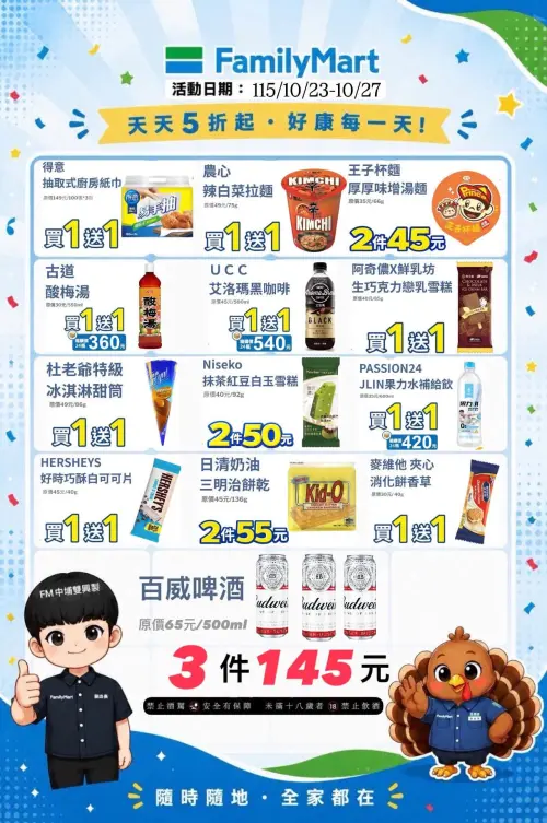 ▲全家五六日一二優惠來了！買一送一必搶品項包括「得意 抽取式廚房紙巾」、「農心辣白菜拉麵」。（圖／全家提供）