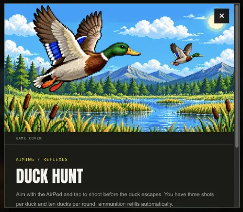 ▲BipBop收錄射擊遊戲《Duck Hunt》，玩家可以拿著 AirPods 瞄準飛行中的鴨子，再輕敲耳機進行射擊。（圖／翻攝自BipBop）