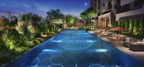 ▲「甲山林星河帝寶」住宅為房市主流坪數15~30坪 ，千坪大基地規劃25米露天泳池，超越同區規格。（圖／星河帝寶提供）