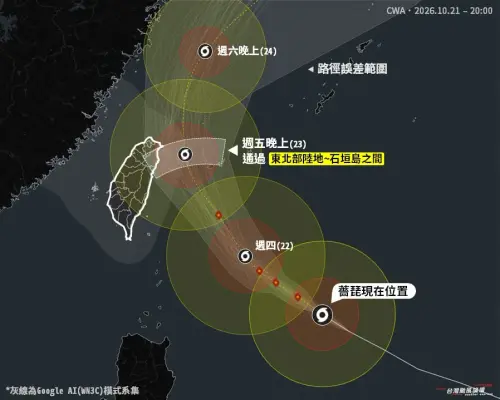 ▲「台灣颱風論壇」說周五晚上，颱風中心會在東北部陸地至石垣島之間通過，對你沒看錯，登陸是選項之一，絕對沒有不侵襲這種事。（圖/台灣颱風論壇臉書）