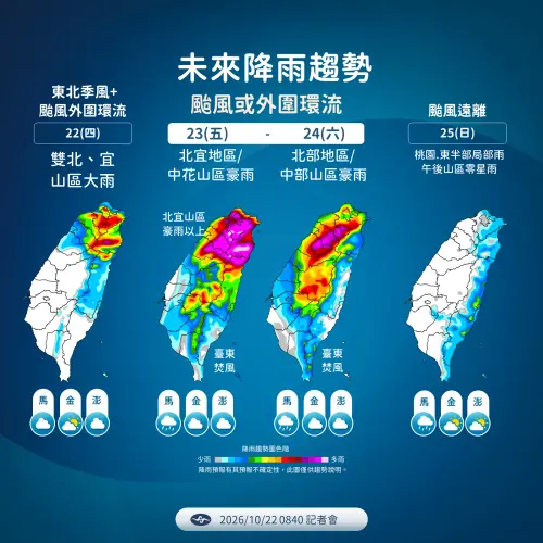 ▲今天北部、東半部降雨逐漸增加，周五至周六北部、宜蘭及中部山區、花蓮山區都要留意局部大雨或豪雨。（圖／中央氣象署cwa.gov.tw）