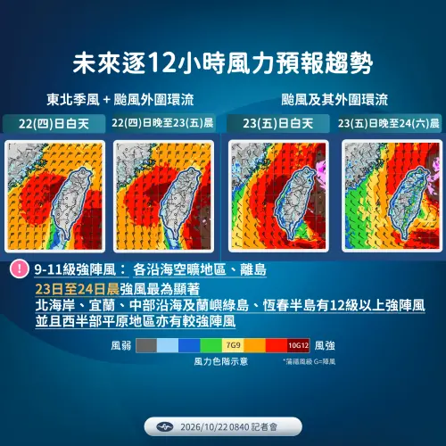 ▲風力預計在今晚至明天白天更加明顯，北海岸、宜蘭、恆春半島等地可能出現接近12級的強陣風。（圖／中央氣象署cwa.gov.tw）