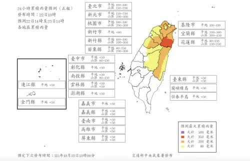 ▲薔琵颱風最新「雨量預測」出爐，北部、宜蘭、中部山區及花蓮山區都要留意局部大雨或豪雨。（圖／中央氣象署cwa.gov.tw）