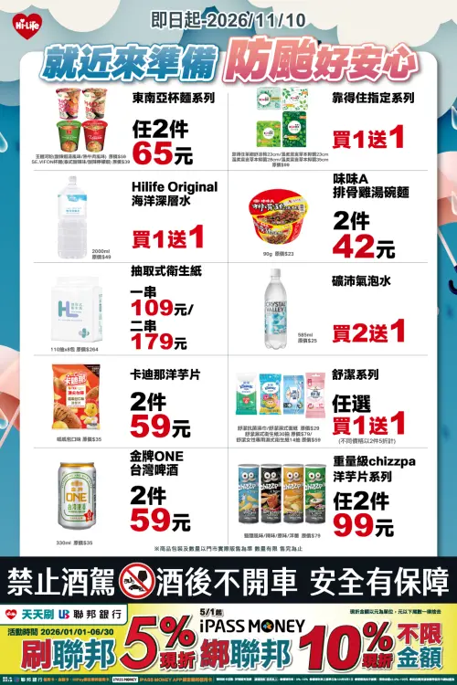 ▲薔琵颱風來勢洶洶！ 萊爾富防颱優惠一次看　衛生紙、礦泉水特價。（圖／萊爾富提供）