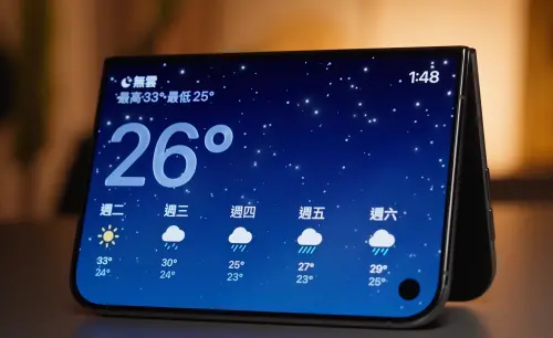 ▲iPhone Duo支援多角度摺疊，Joeman實測發現，手機半摺放在桌面上，就能變成小型時鐘與天氣資訊顯示器。（圖／翻攝Joeman YouTube）