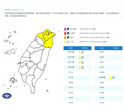 快訊／北北基桃、宜蘭發布大雨特報！颱風外圍環流影響雨下到明天
