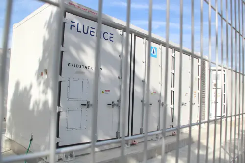 ▲漢翔攜手全球儲能大廠 Fluence 公司打造電力島，兼具風力、太陽光電等綠電發電系統。（圖／記者鍾泓良攝影）