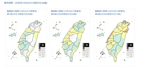 ▲氣象署針對薔琵颱風最新「風力預測」，台灣各沿海普遍要注意10級至11級的強陣風。（圖／中央氣象署cwa.gov.tw）