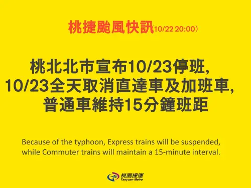 ▲因應薔琵颱風，桃園機場捷運10月23日全天取消直達車及加班車。（圖／桃園捷運提供tymetro.com.tw）