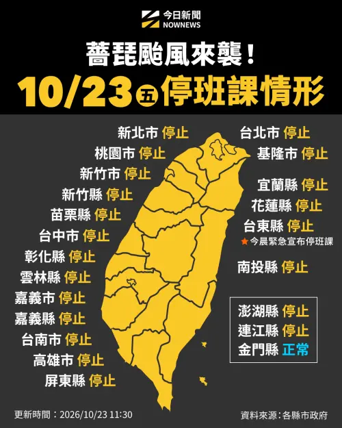 ▲10月23日停班停課一圖看。（圖／NOWNEWS社群中心製）