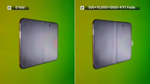 ▲iPhone Duo經歷500次、1萬次常溫摺疊及1000次低溫摺疊測試後，螢幕中央摺痕較全新未摺疊時更加明顯。（圖／翻攝影視颶風YouTube）