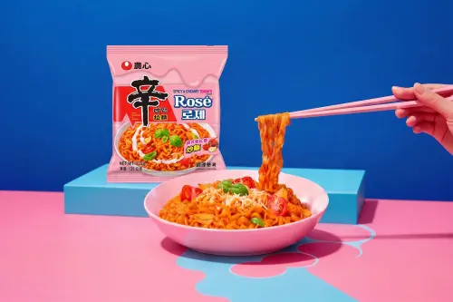 ▲辛拉麵再次攜aespa 推出最新的夢幻新品 「辛拉麵 Rosé 粉紅醬」。（圖／辛拉麵提供）